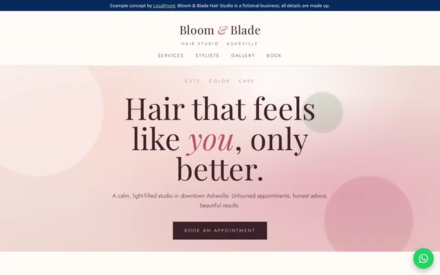 Homepage of the fictional Bloom & Blade Hair Studio example site