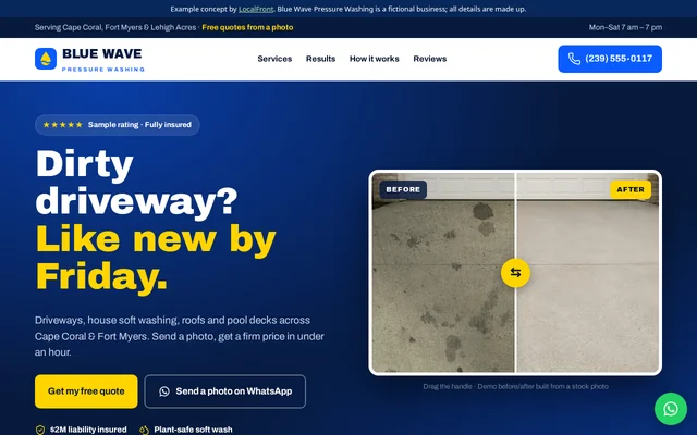 Homepage of the fictional Blue Wave Pressure Washing example site