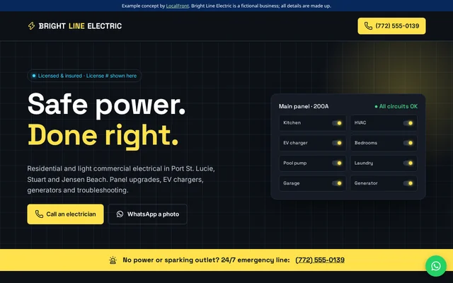 Homepage of the fictional Bright Line Electric example site