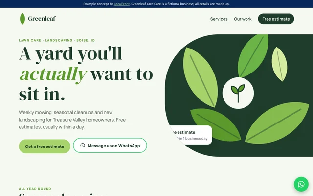 Homepage of the fictional Greenleaf Yard Care example site