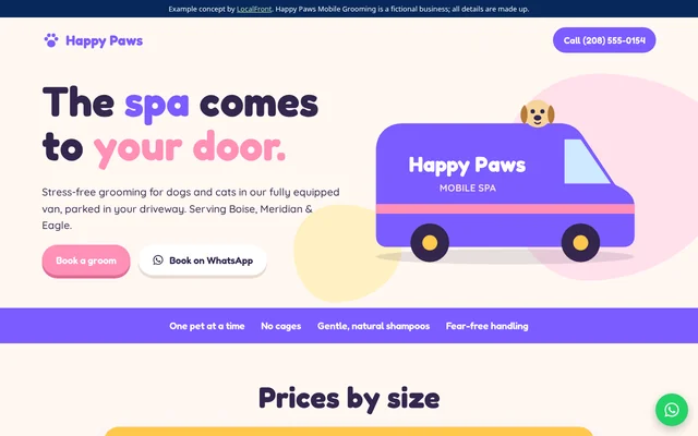 Homepage of the fictional Happy Paws Mobile Grooming example site
