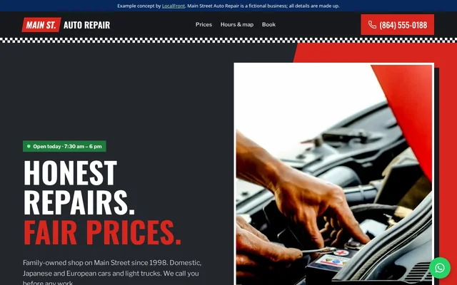 Homepage of the fictional Main Street Auto Repair example site