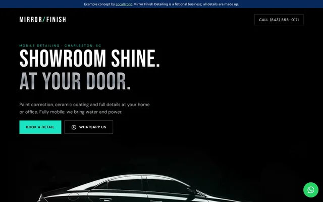 Homepage of the fictional Mirror Finish Detailing example site