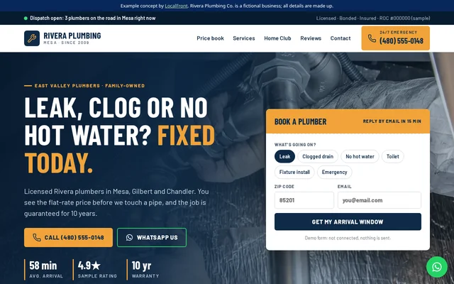 Homepage of the fictional Rivera Plumbing Co. example site