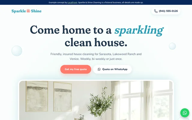 Homepage of the fictional Sparkle & Shine Cleaning example site